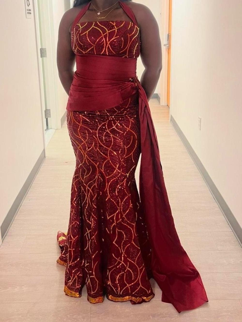 Elegant Burgundy Sequin Halter Evening Dress Nigerian dress